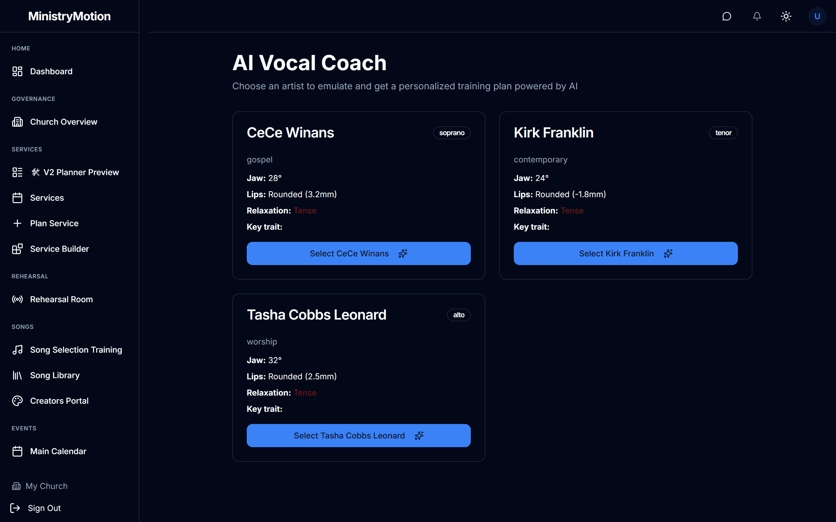 Ministry Motion AI Vocal Coach — choose an artist to emulate for a personalized training plan